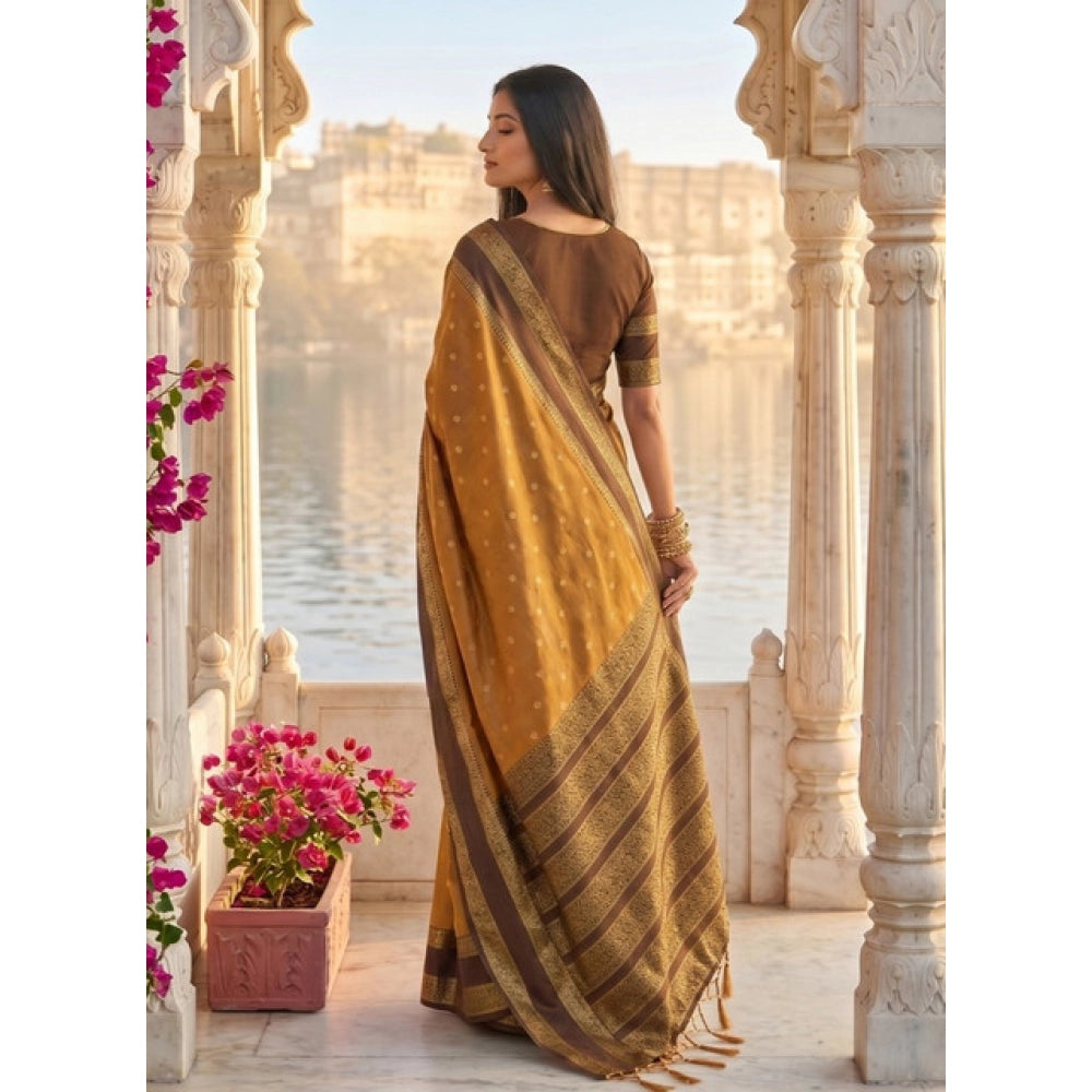 Women's Silk Blend Printed Saree With Unstitched Blouse 5.5Mtr (Mustard-Brown)