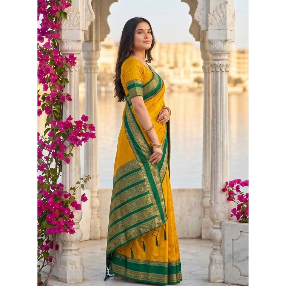 Women's Silk Blend Printed Saree With Unstitched Blouse 5.5Mtr (Yellow-Green)