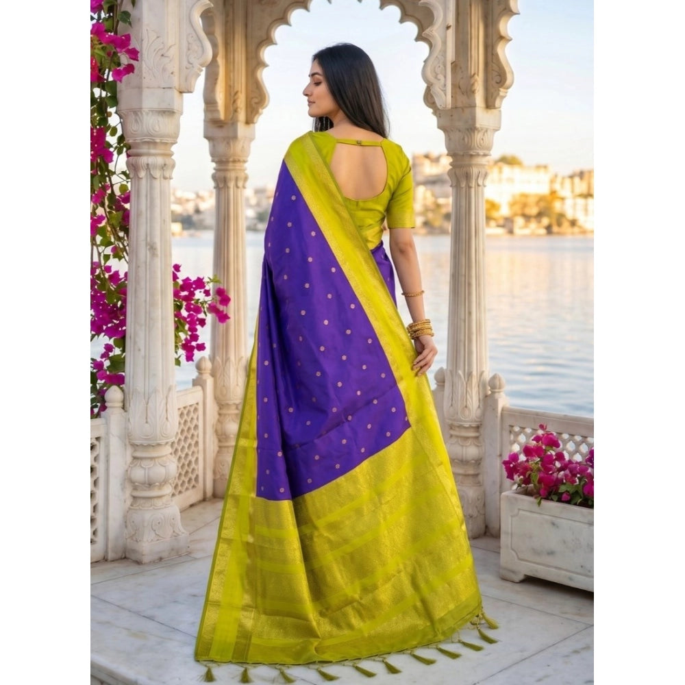 Women's Silk Blend Printed Saree With Unstitched Blouse 5.5Mtr (Purple-Green)