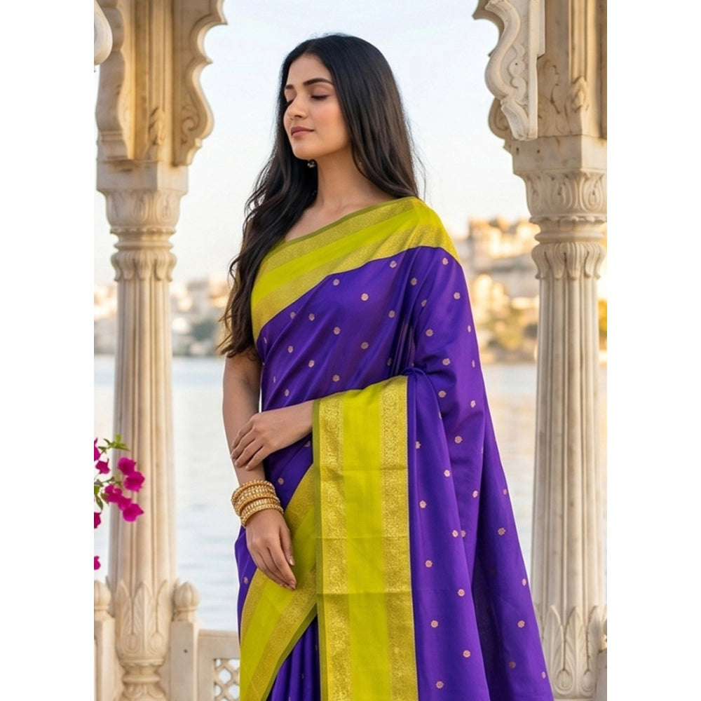 Women's Silk Blend Printed Saree With Unstitched Blouse 5.5Mtr (Purple-Green)