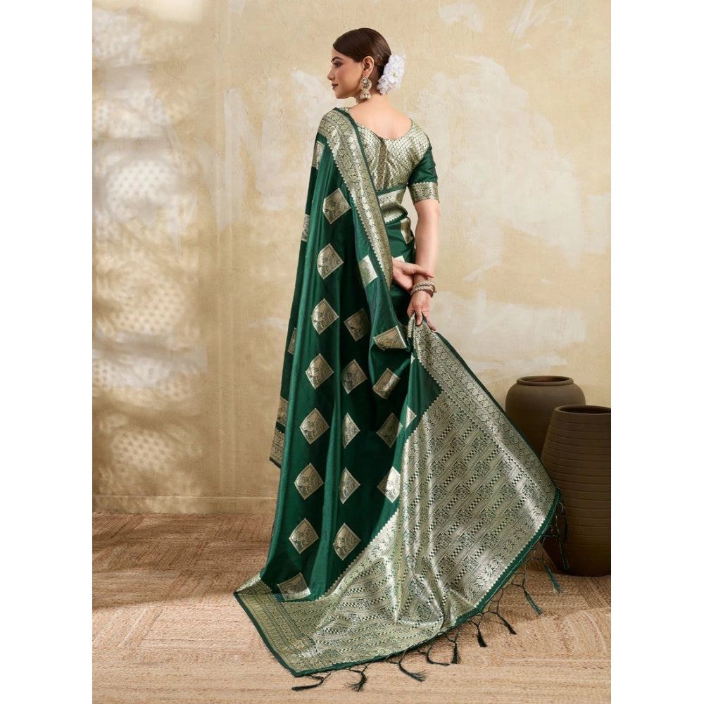 Women's Silk Blend Printed Saree With Unstitched Blouse 5.5Mtr (Dark Green)