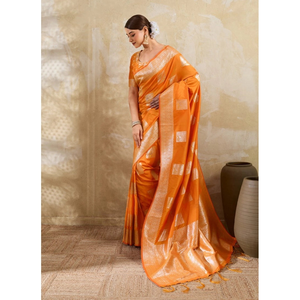 Women's Silk Blend Printed Saree With Unstitched Blouse 5.5Mtr (Orange)