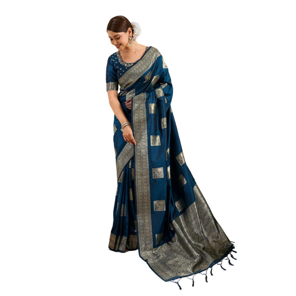 Women's Silk Blend Printed Saree With Unstitched Blouse 5.5Mtr (Teal Blue)