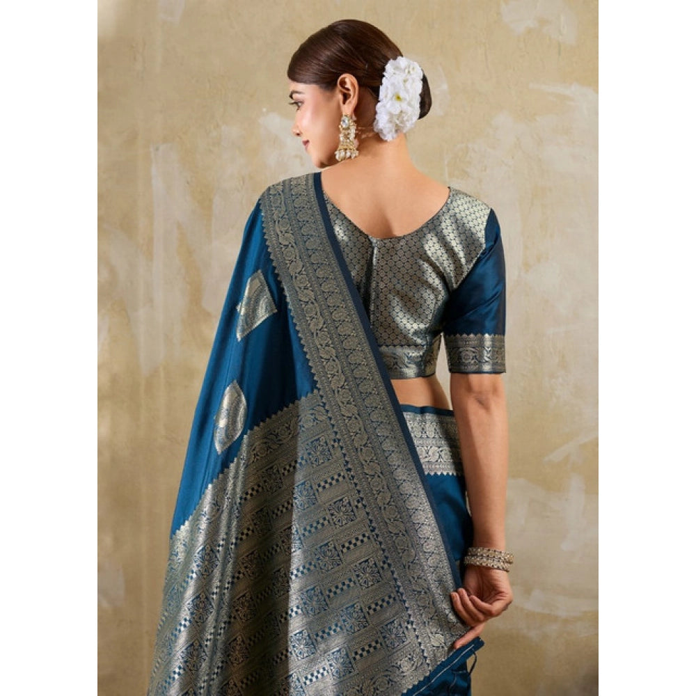 Women's Silk Blend Printed Saree With Unstitched Blouse 5.5Mtr (Teal Blue)