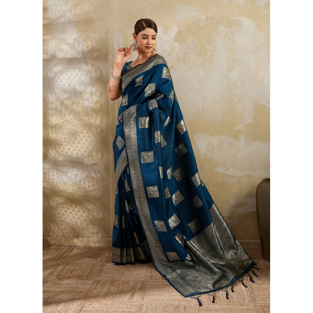 Women's Silk Blend Printed Saree With Unstitched Blouse 5.5Mtr (Teal Blue)