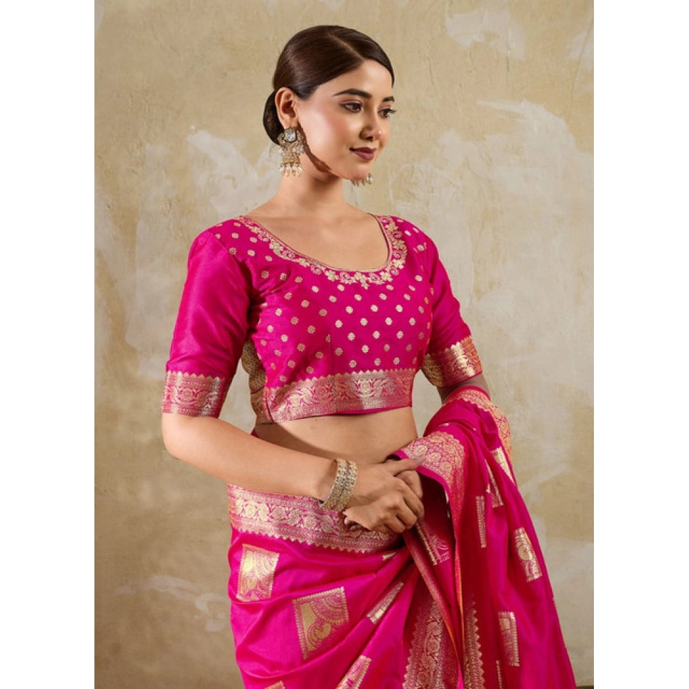 Women's Silk Blend Printed Saree With Unstitched Blouse 5.5Mtr (Magenta)
