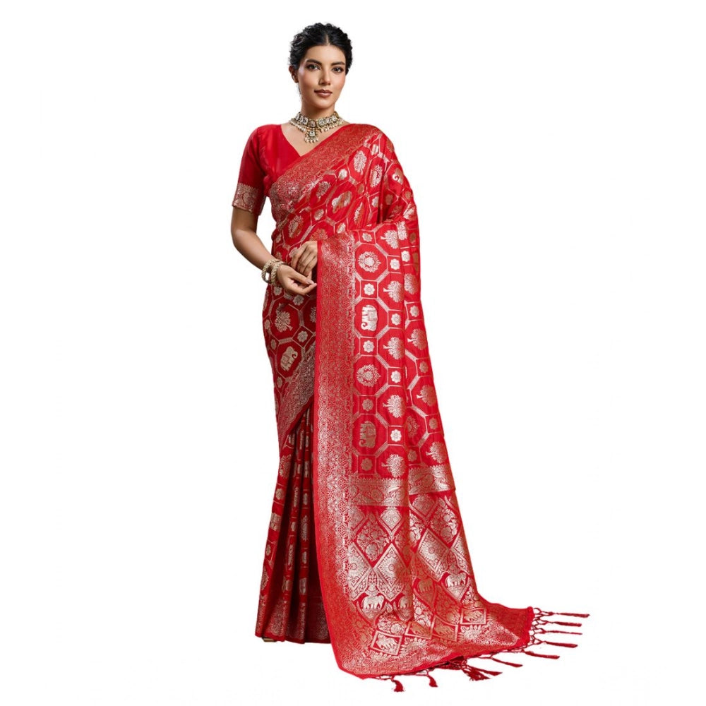 Women's Silk Blend Printed Saree With Unstitched Blouse 5.5Mtr (Red)
