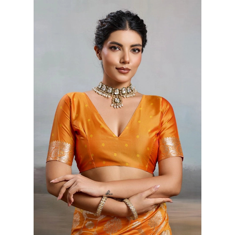 Women's Silk Blend Printed Saree With Unstitched Blouse 5.5Mtr (Orange)