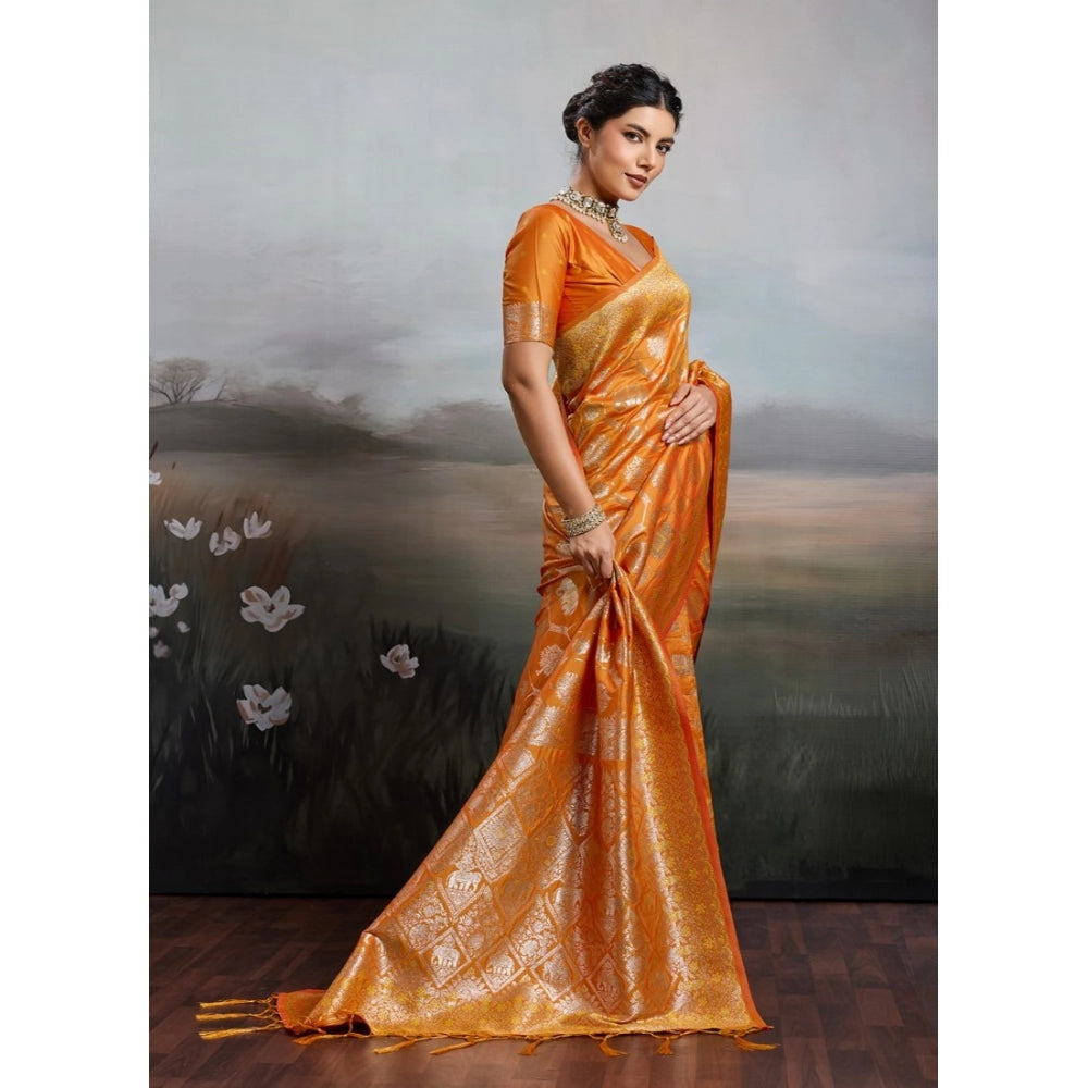 Women's Silk Blend Printed Saree With Unstitched Blouse 5.5Mtr (Orange)