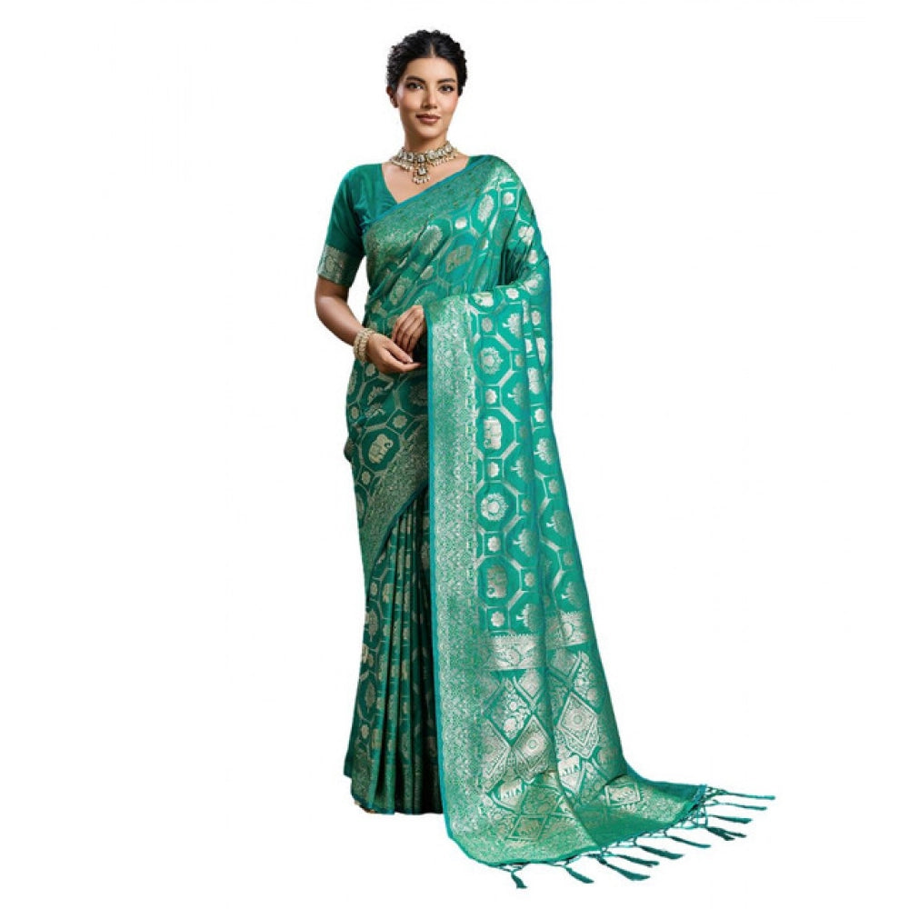 Women's Silk Blend Printed Saree With Unstitched Blouse 5.5Mtr (Rama Green)