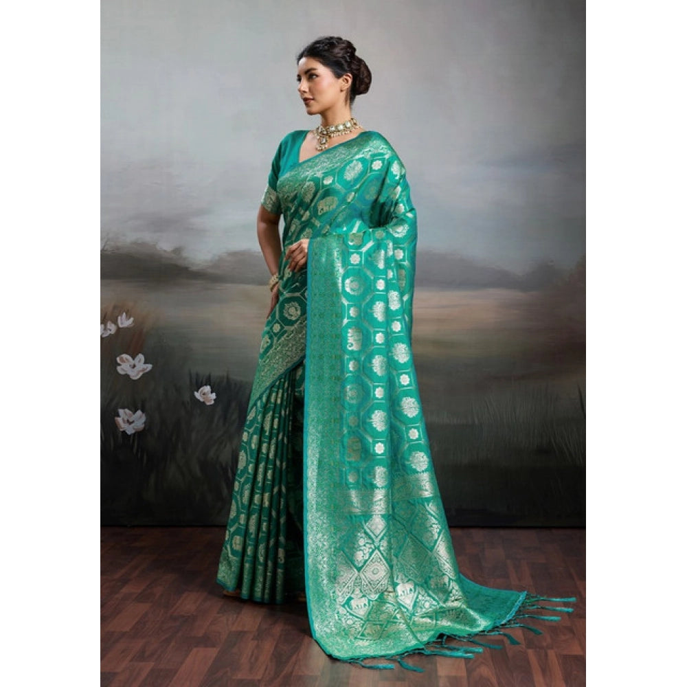 Women's Silk Blend Printed Saree With Unstitched Blouse 5.5Mtr (Rama Green)