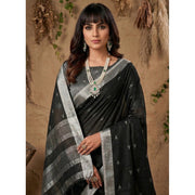 Women's Linen Cotton Printed Saree With Unstitched Blouse 5.5Mtr (Black)