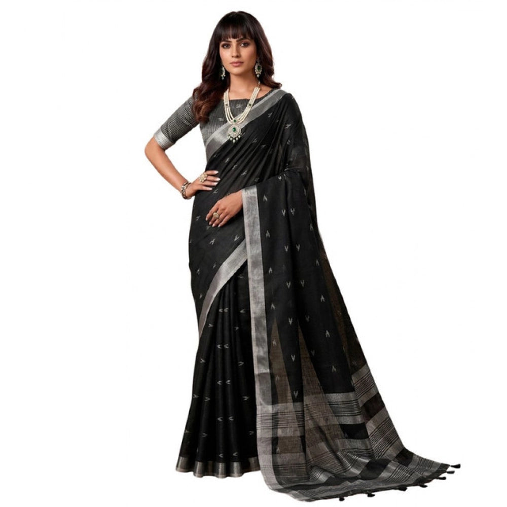Women's Linen Cotton Printed Saree With Unstitched Blouse 5.5Mtr (Black)