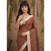 Women's Linen Cotton Printed Saree With Unstitched Blouse 5.5Mtr (Brown)