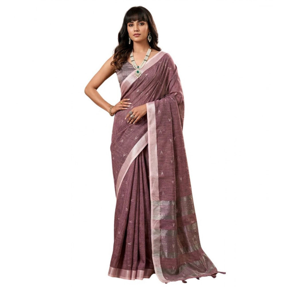 Women's Linen Cotton Printed Saree With Unstitched Blouse 5.5Mtr (Purple)