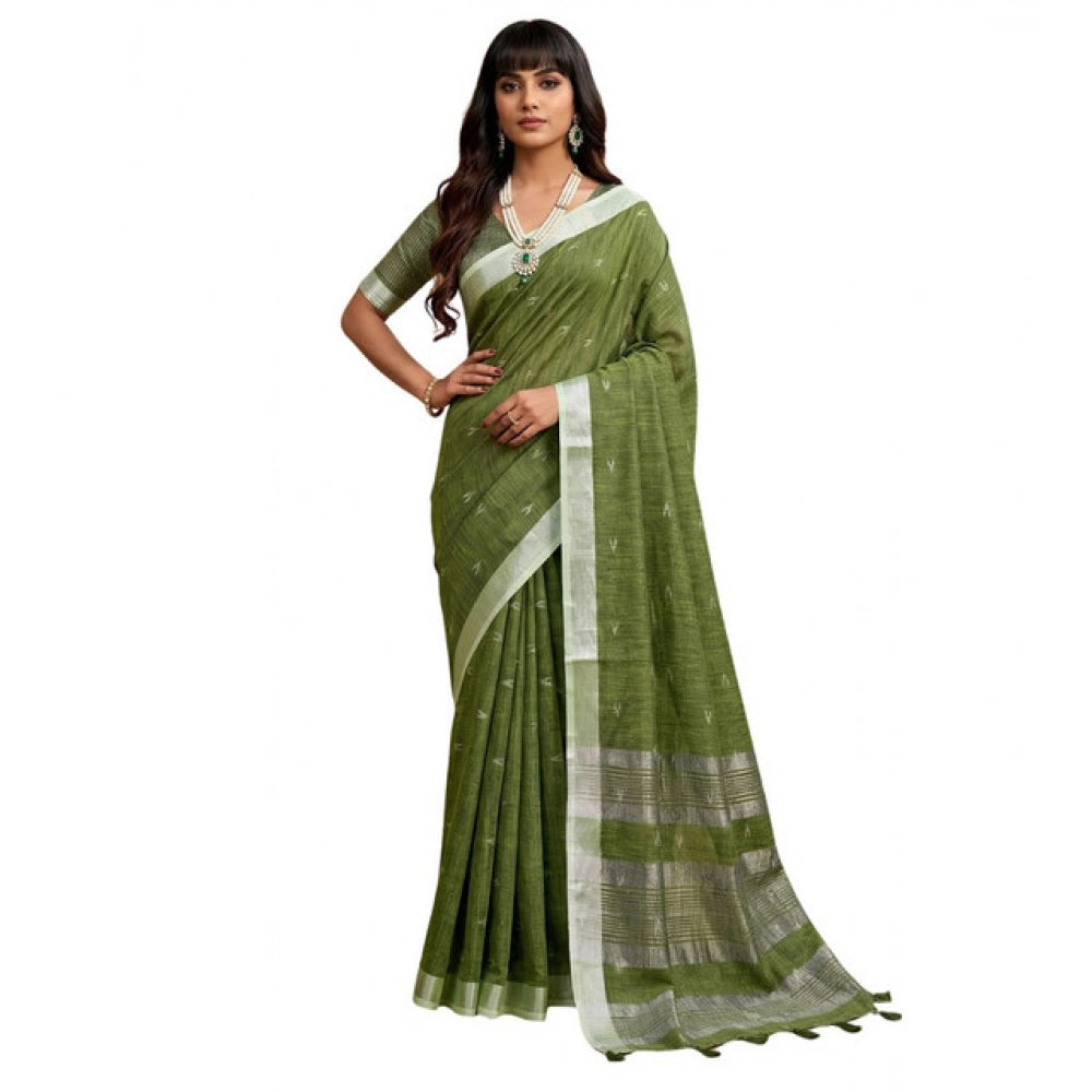 Women's Linen Cotton Printed Saree With Unstitched Blouse 5.5Mtr (Green)