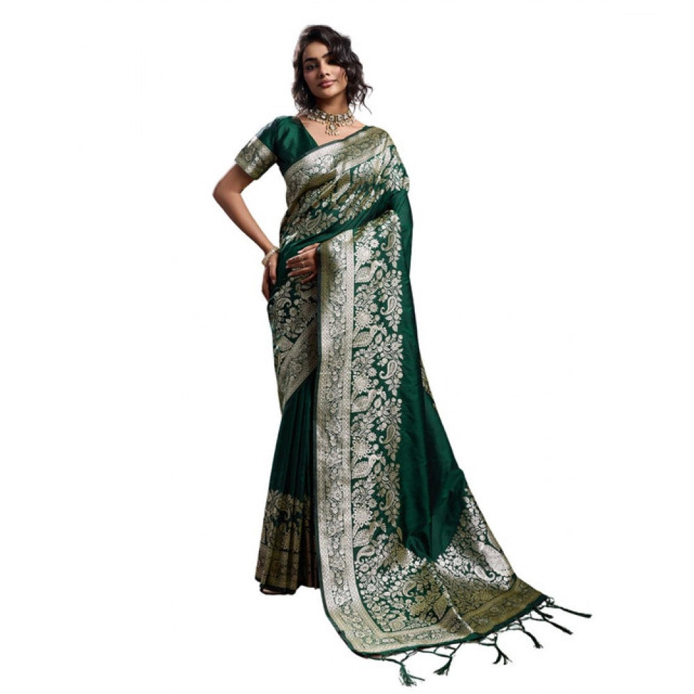 Women's Silk Blend Printed Saree With Unstitched Blouse 5.5Mtr (Dark Green)