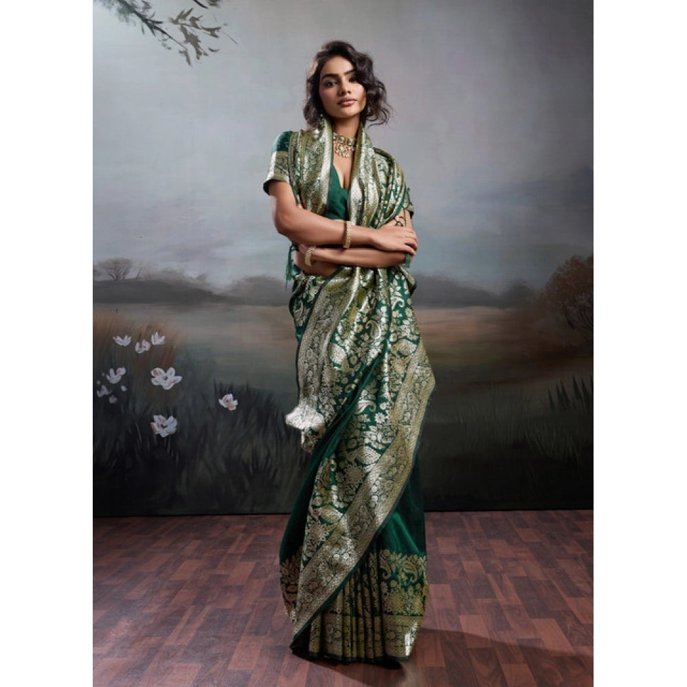 Women's Silk Blend Printed Saree With Unstitched Blouse 5.5Mtr (Dark Green)