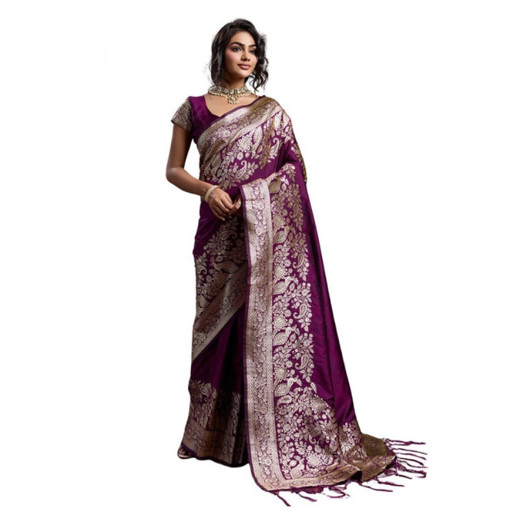 Women's Silk Blend Printed Saree With Unstitched Blouse 5.5Mtr (Wine)