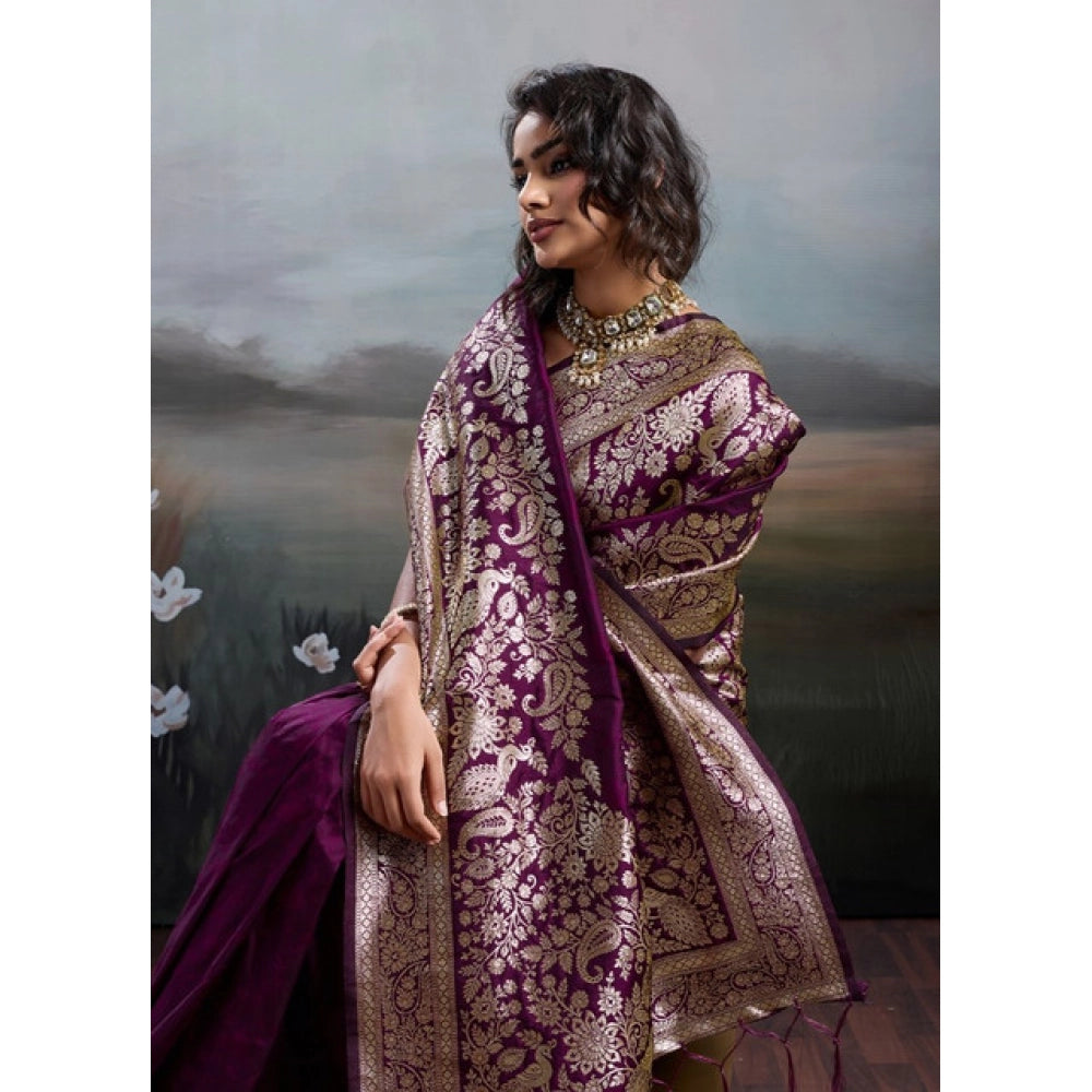Women's Silk Blend Printed Saree With Unstitched Blouse 5.5Mtr (Wine)
