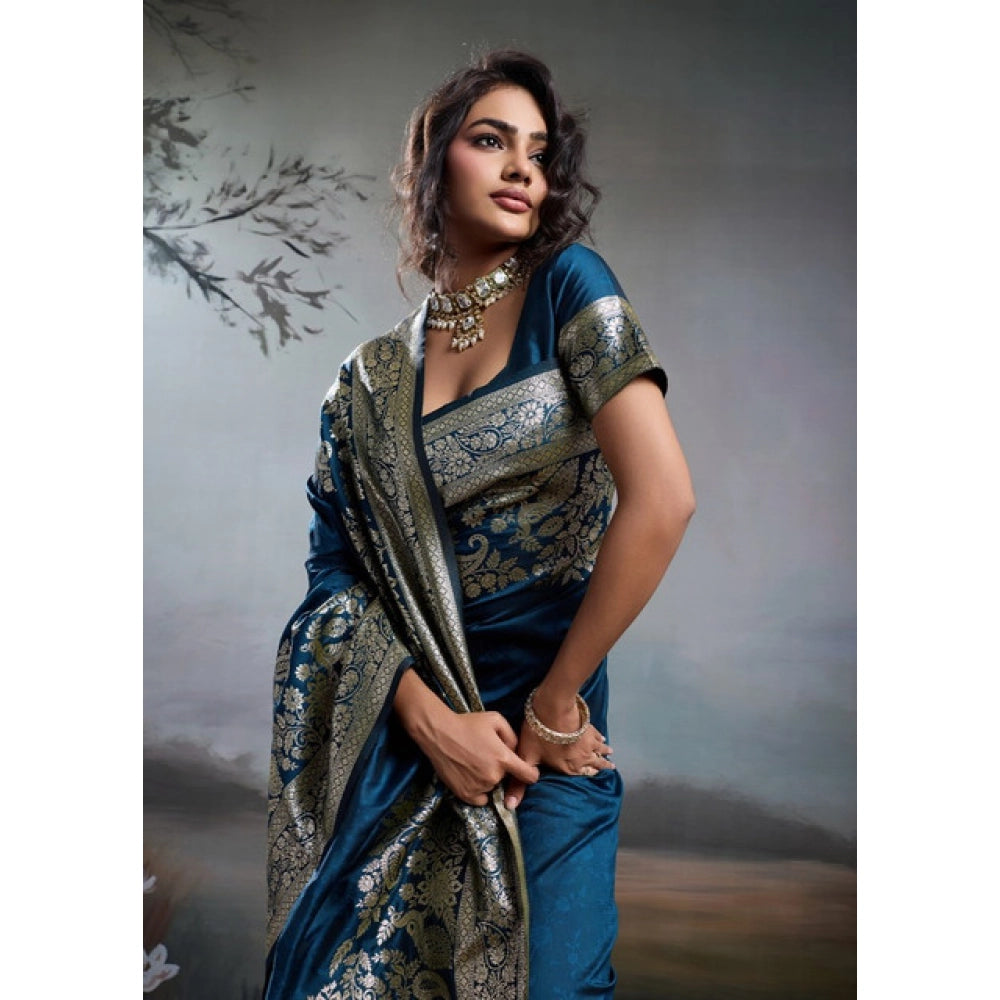 Women's Silk Blend Printed Saree With Unstitched Blouse 5.5Mtr (Navy Blue)