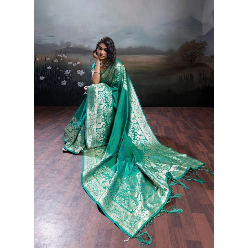 Women's Silk Blend Printed Saree With Unstitched Blouse 5.5Mtr (Teal Green)