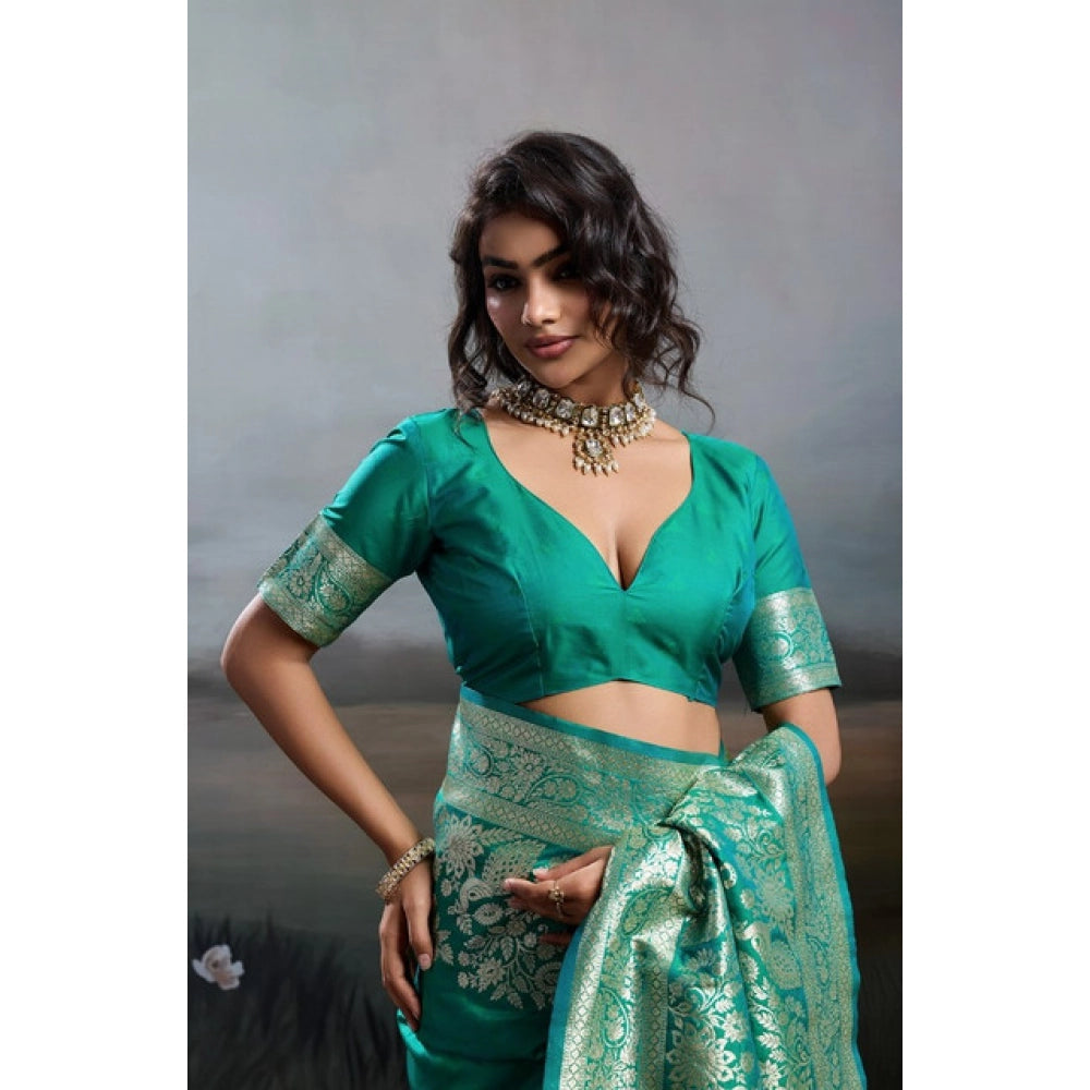 Women's Silk Blend Printed Saree With Unstitched Blouse 5.5Mtr (Teal Green)