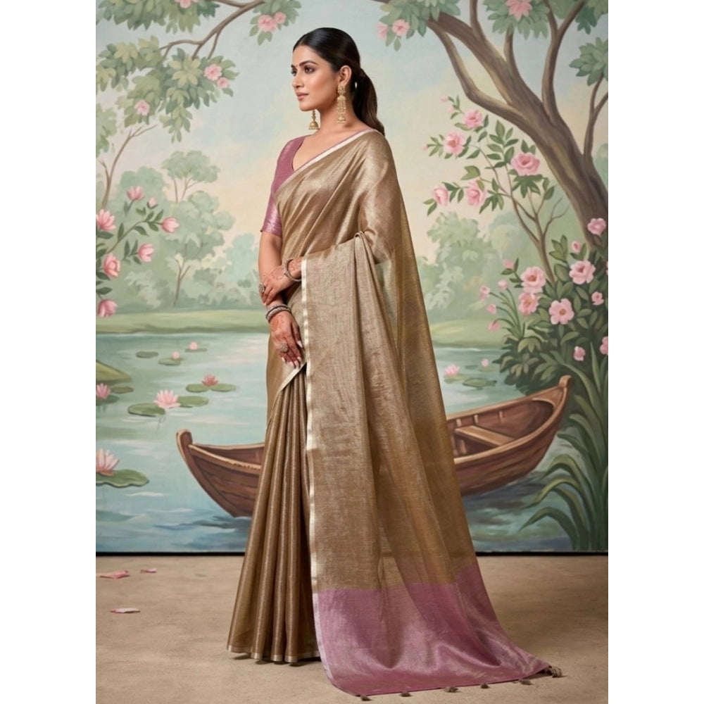 Women's Tissue Silk Solid Saree With Unstitched Blouse 5.5Mtr (Brown)