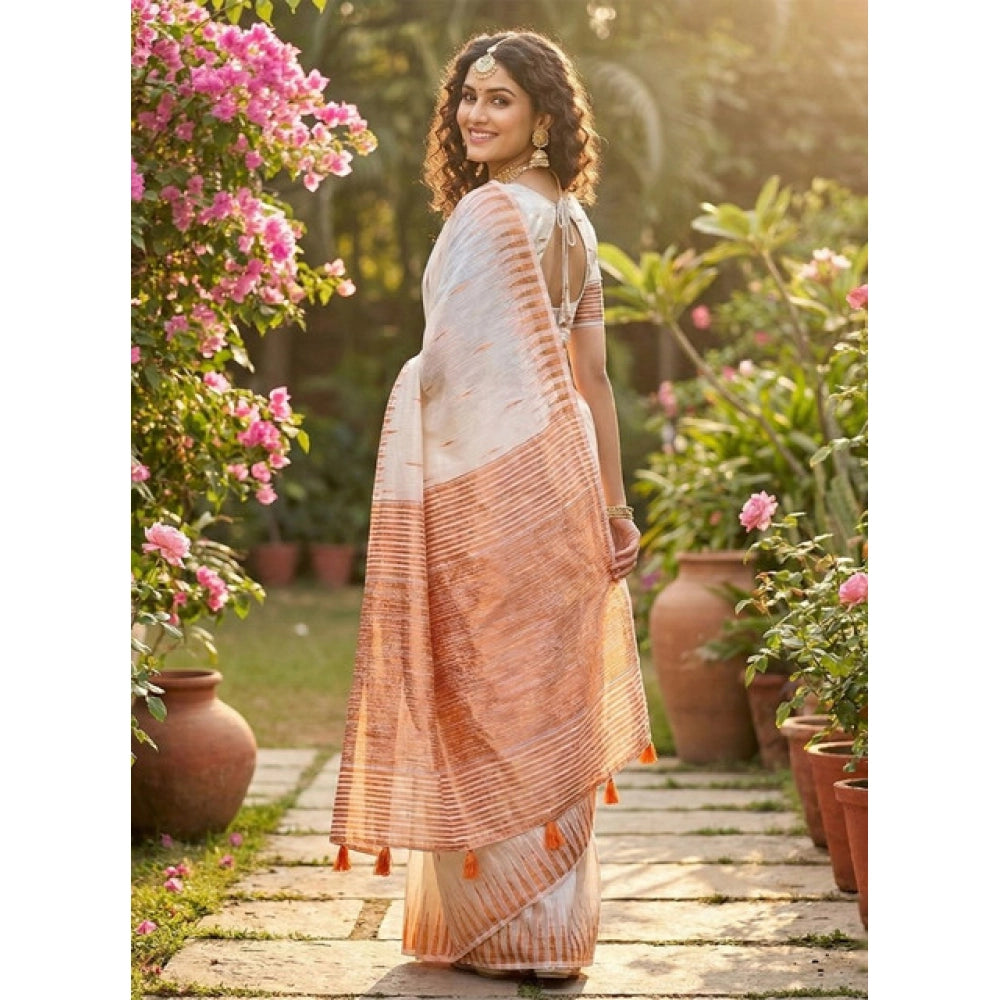 Women's Linen Cotton Printed Saree With Unstitched Blouse 5.5Mtr (White)