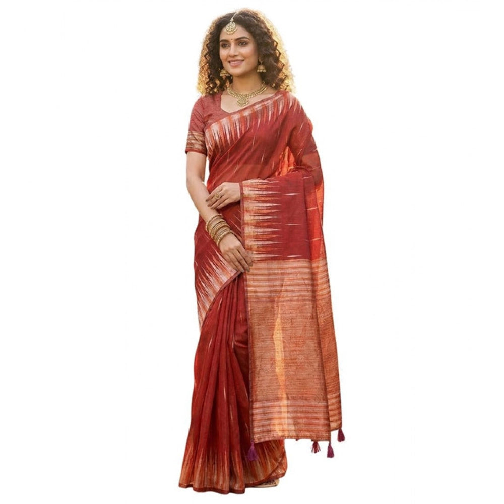 Women's Linen Cotton Printed Saree With Unstitched Blouse 5.5Mtr (Red)