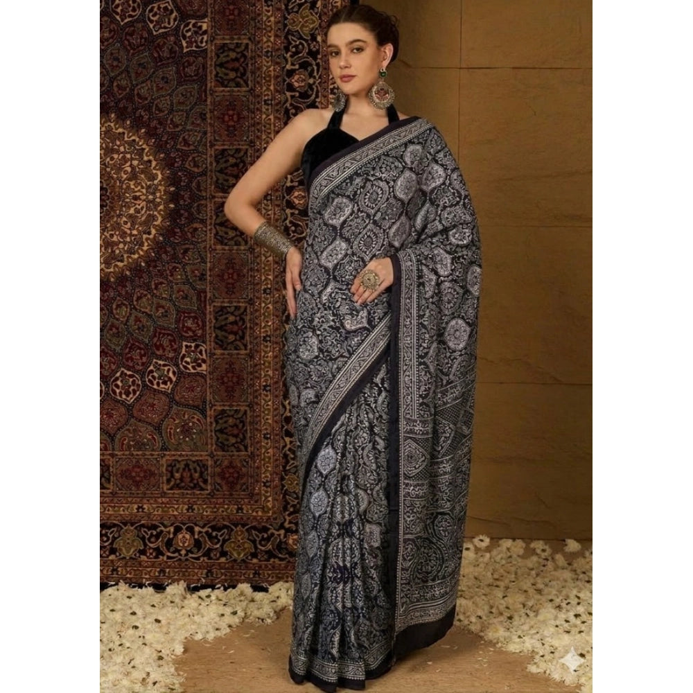 Women's Crepe Printed Saree With Unstitched Blouse 5.5Mtr (Black)