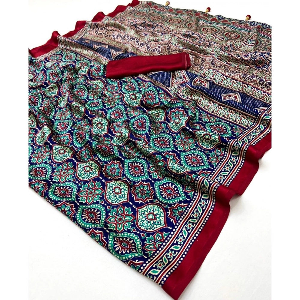 Women's Crepe Printed Saree With Unstitched Blouse 5.5Mtr (Navy Blue)