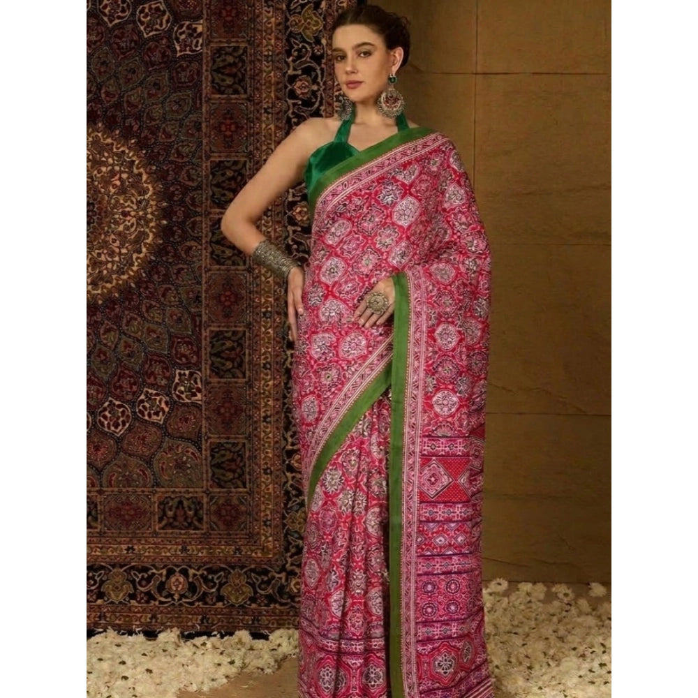 Women's Crepe Printed Saree With Unstitched Blouse 5.5Mtr (Pink)