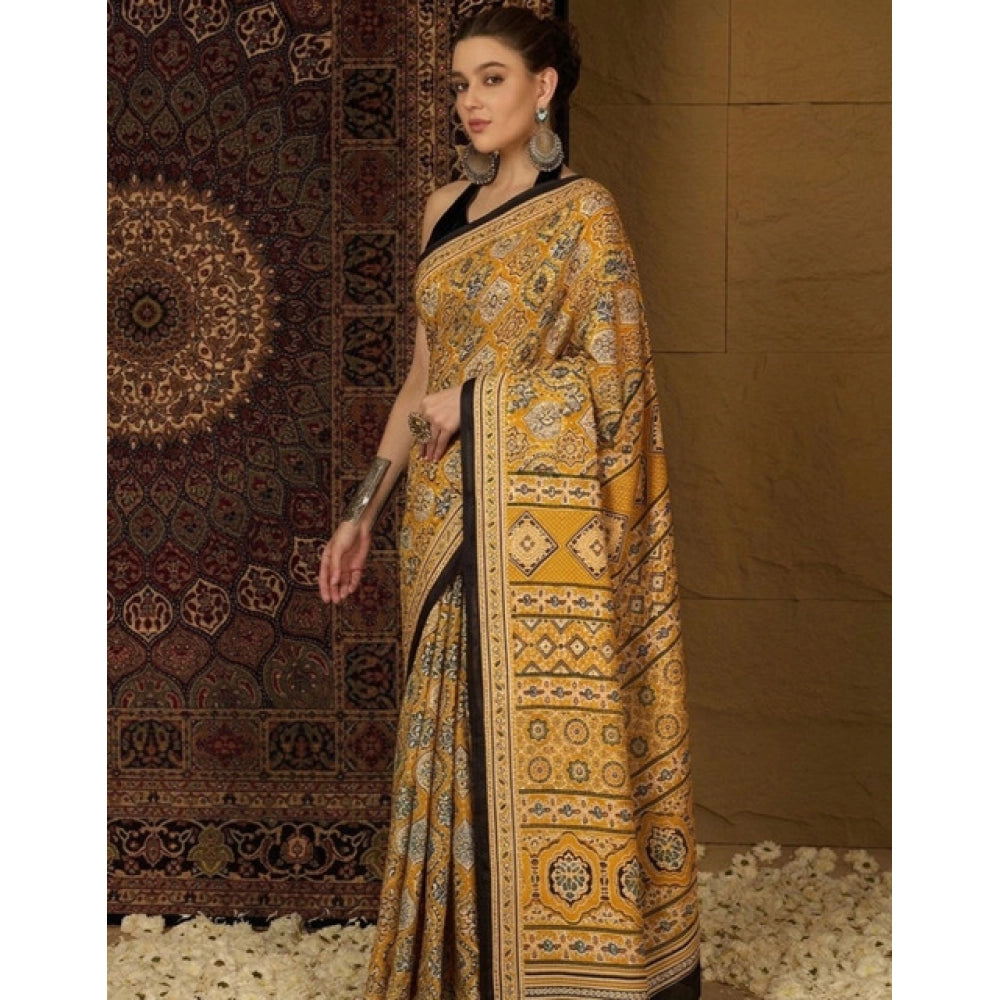 Women's Crepe Printed Saree With Unstitched Blouse 5.5Mtr (Yellow)