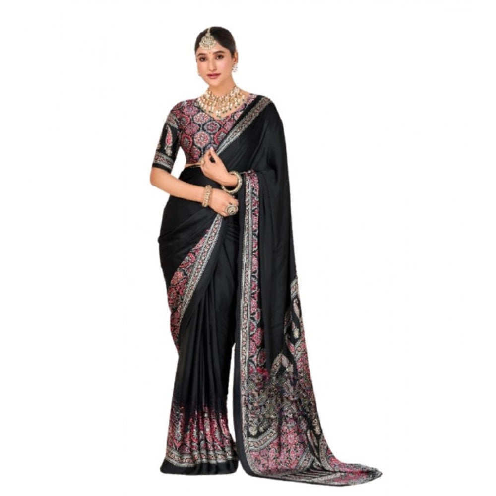 Women's Crepe Printed Saree With Unstitched Blouse 5.5Mtr (Black)
