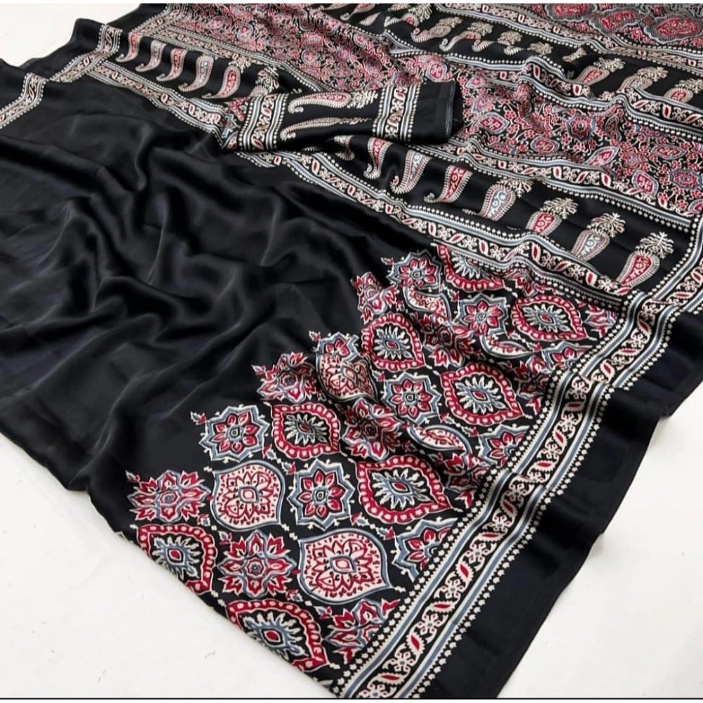 Women's Crepe Printed Saree With Unstitched Blouse 5.5Mtr (Black)