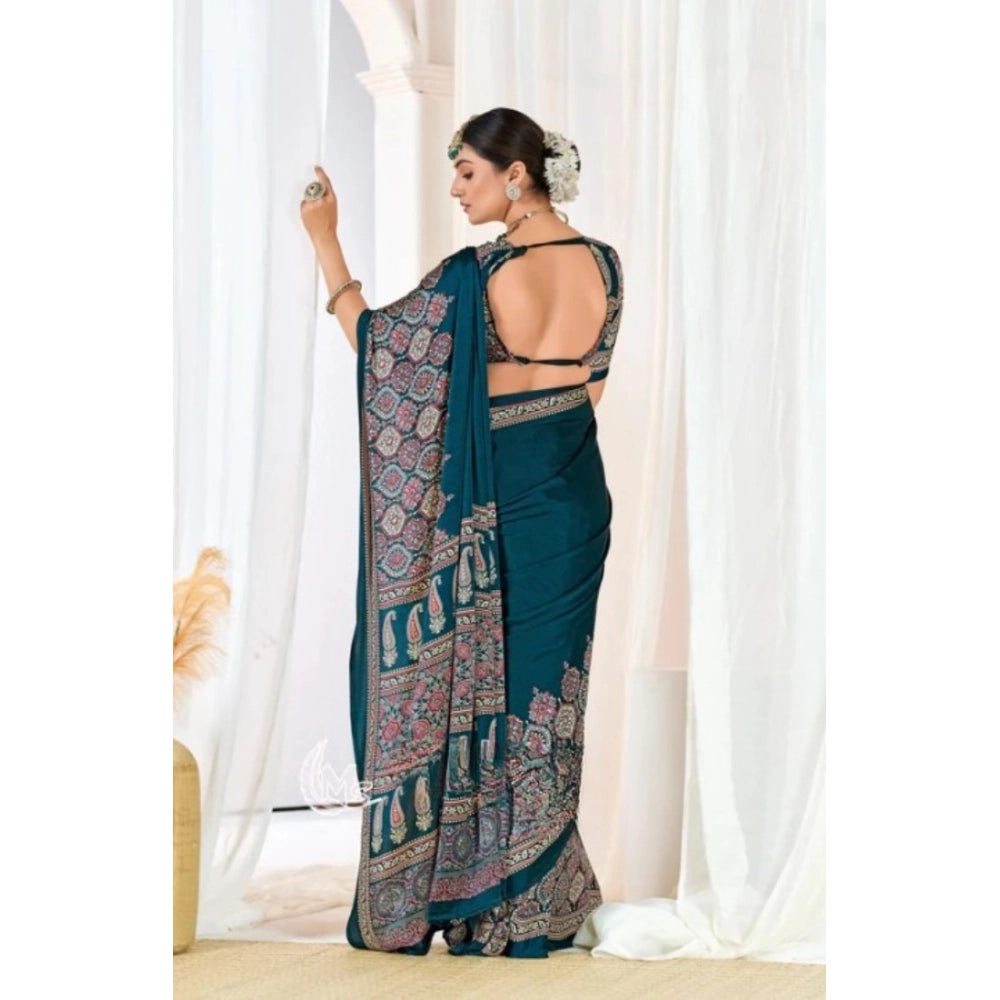 Women's Crepe Printed Saree With Unstitched Blouse 5.5Mtr (Teal)
