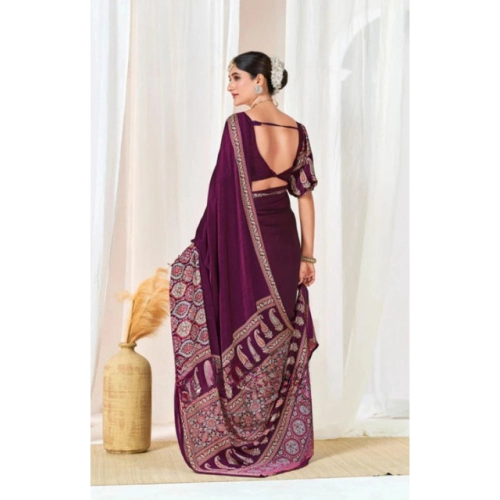 Women's Crepe Printed Saree With Unstitched Blouse 5.5Mtr (Wine)