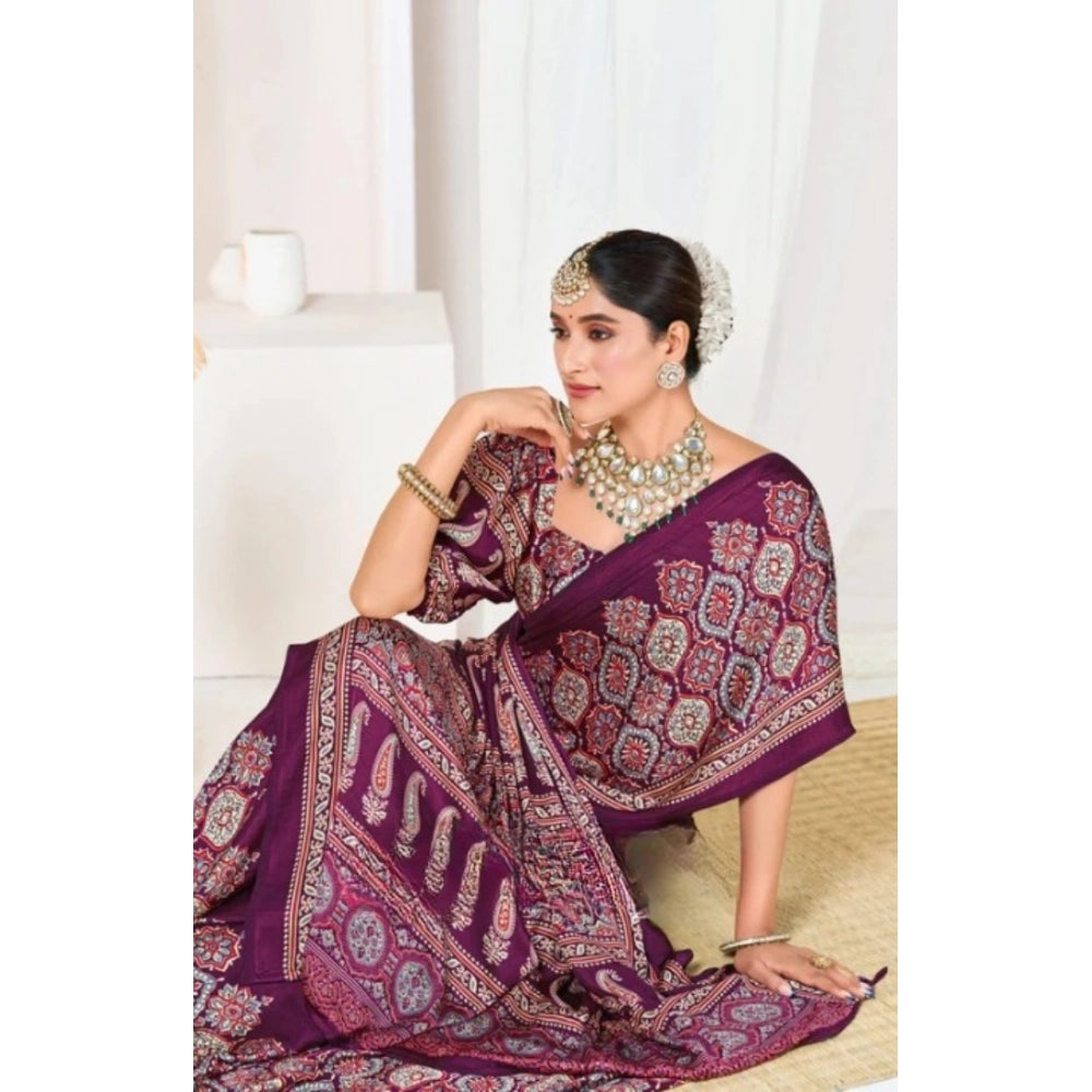 Women's Crepe Printed Saree With Unstitched Blouse 5.5Mtr (Wine)