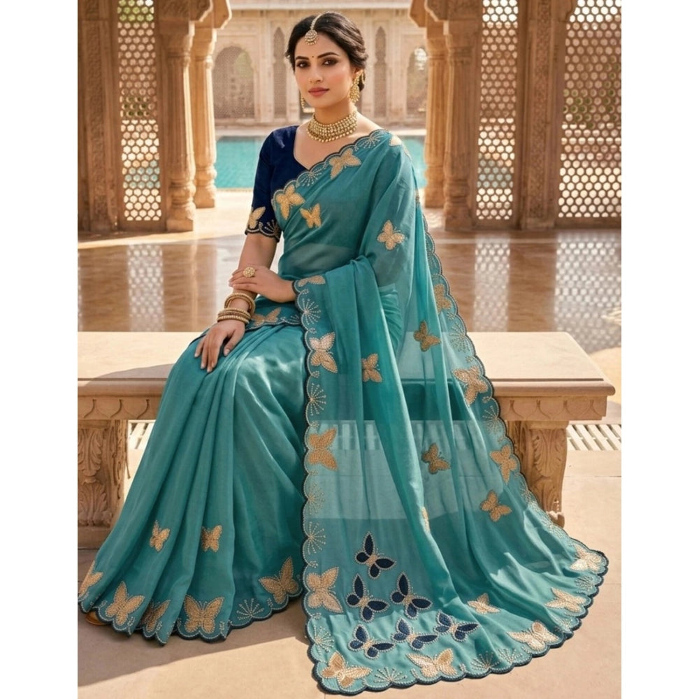 Women's Star Georgette Embellished Saree With Unstitched Blouse 5.5Mtr (Blue)