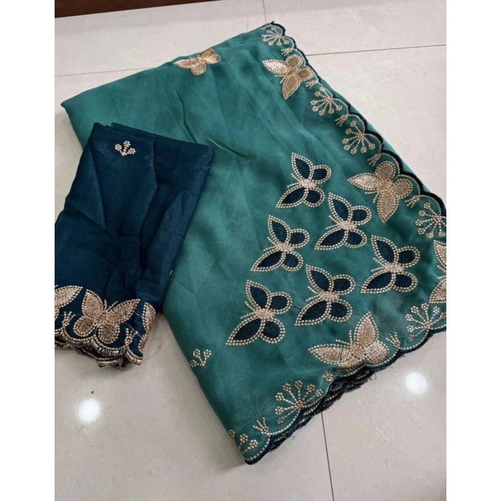 Women's Star Georgette Embellished Saree With Unstitched Blouse 5.5Mtr (Blue)