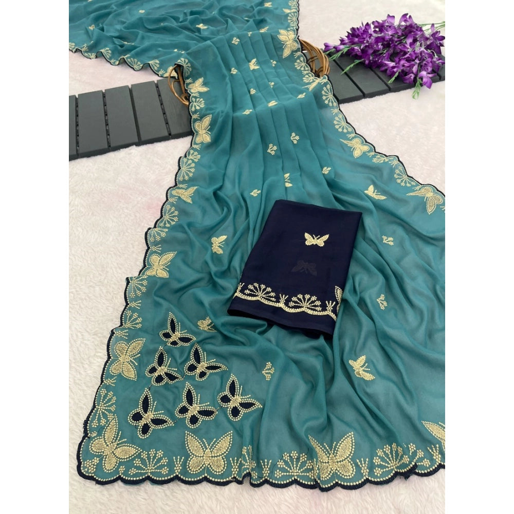 Women's Star Georgette Embellished Saree With Unstitched Blouse 5.5Mtr (Blue)