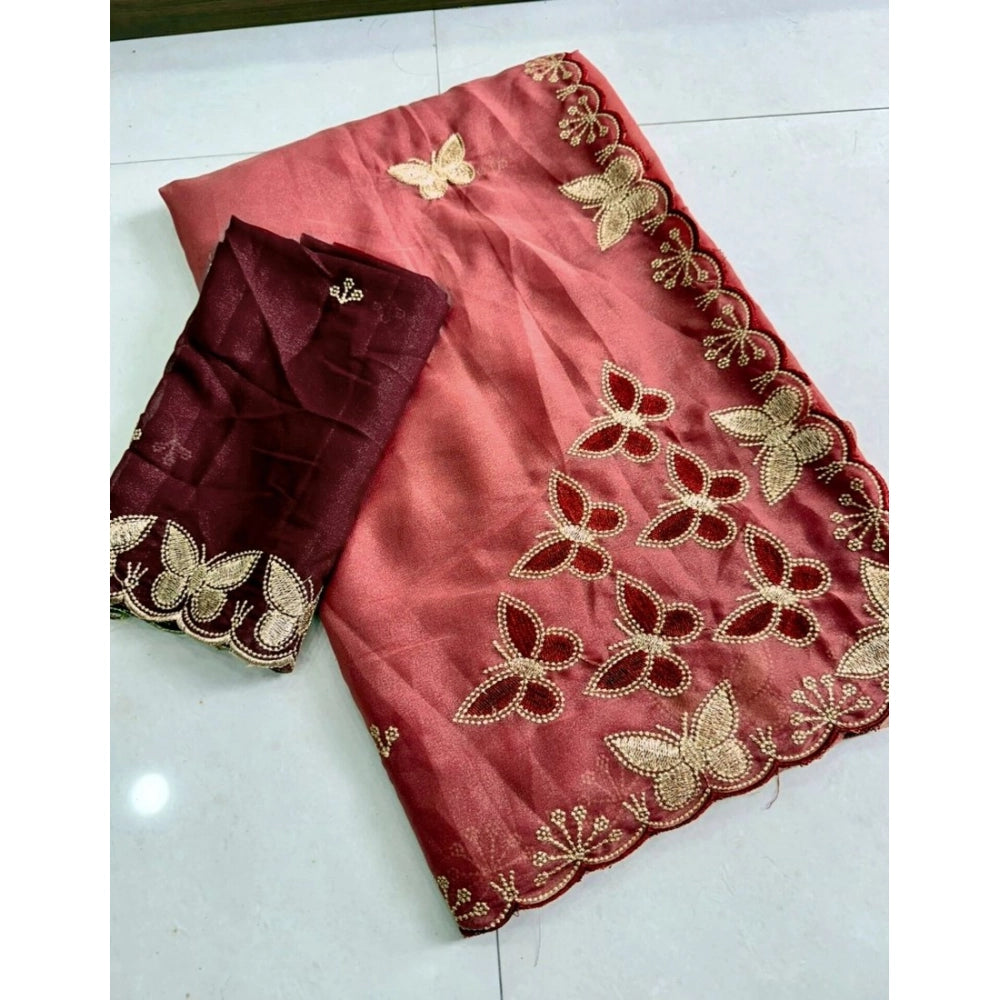 Women's Star Georgette Embellished Saree With Unstitched Blouse 5.5Mtr (Dusty Coral-Maroon)
