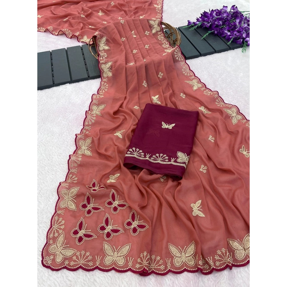 Women's Star Georgette Embellished Saree With Unstitched Blouse 5.5Mtr (Dusty Coral-Maroon)