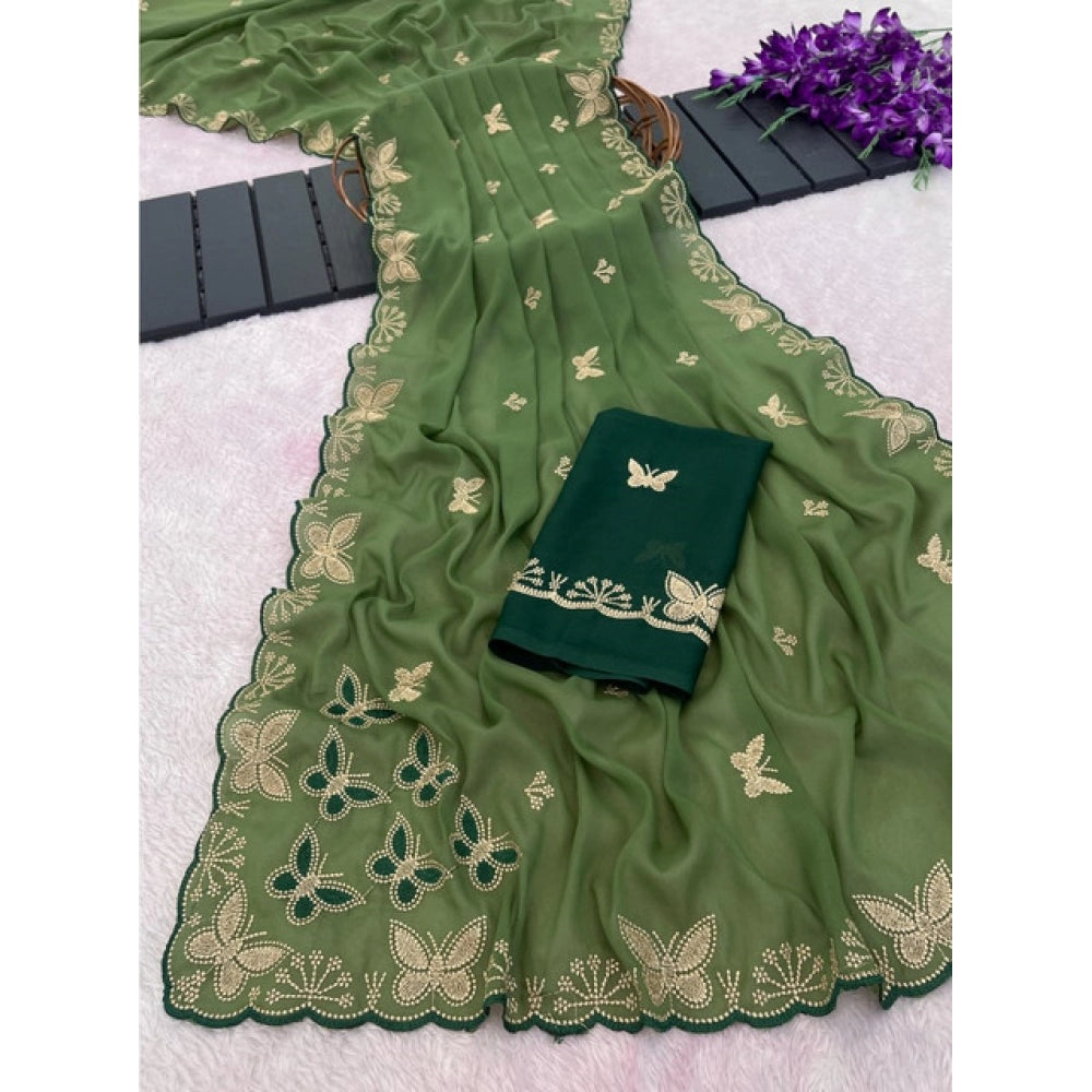 Women's Star Georgette Embellished Saree With Unstitched Blouse 5.5Mtr (Green)