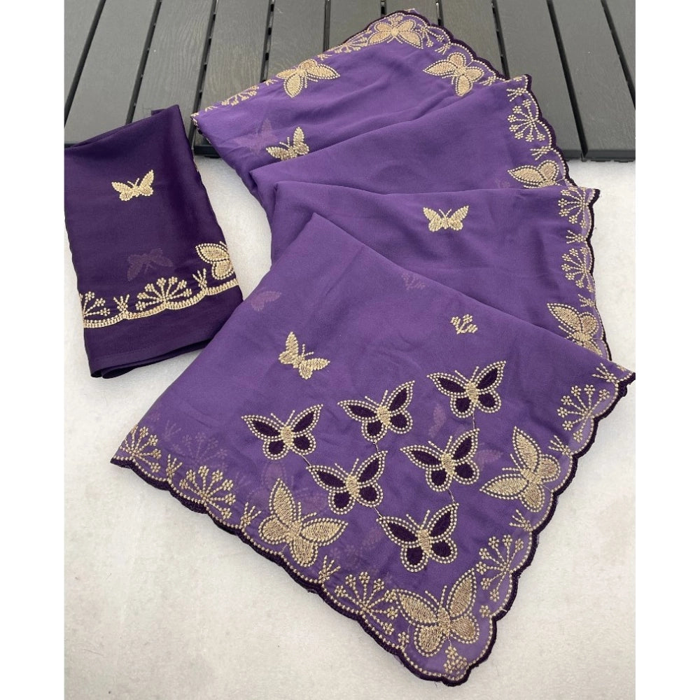 Women's Star Georgette Embellished Saree With Unstitched Blouse 5.5Mtr (Lavender)