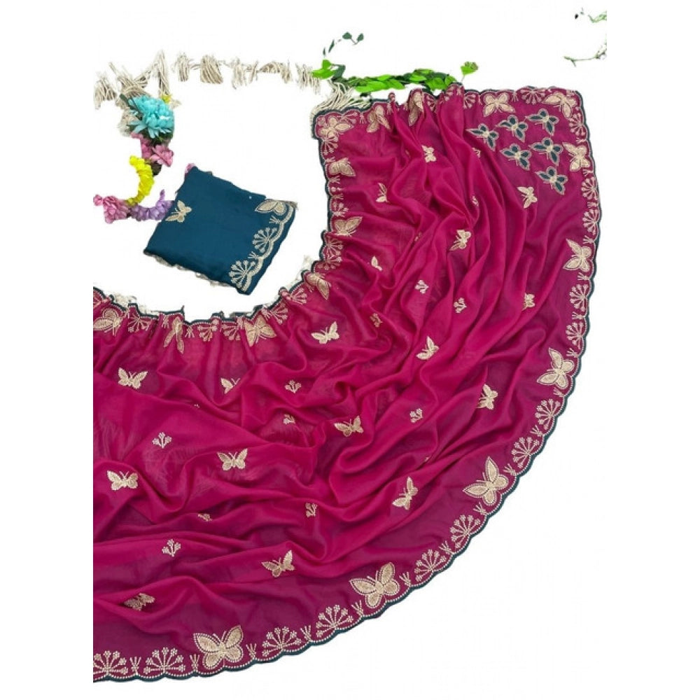 Women's Star Georgette Embellished Saree With Unstitched Blouse 5.5Mtr (Magenta-Green)