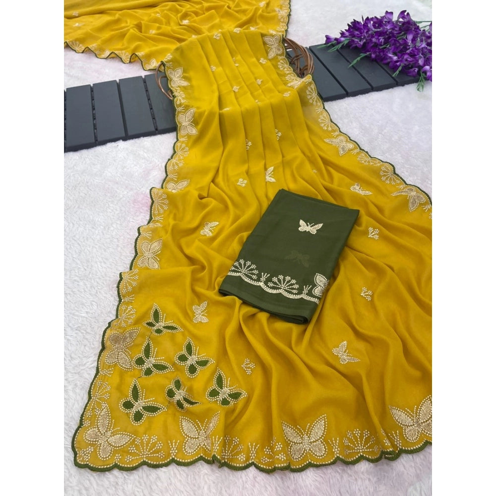 Women's Star Georgette Embellished Saree With Unstitched Blouse 5.5Mtr (Mustard)