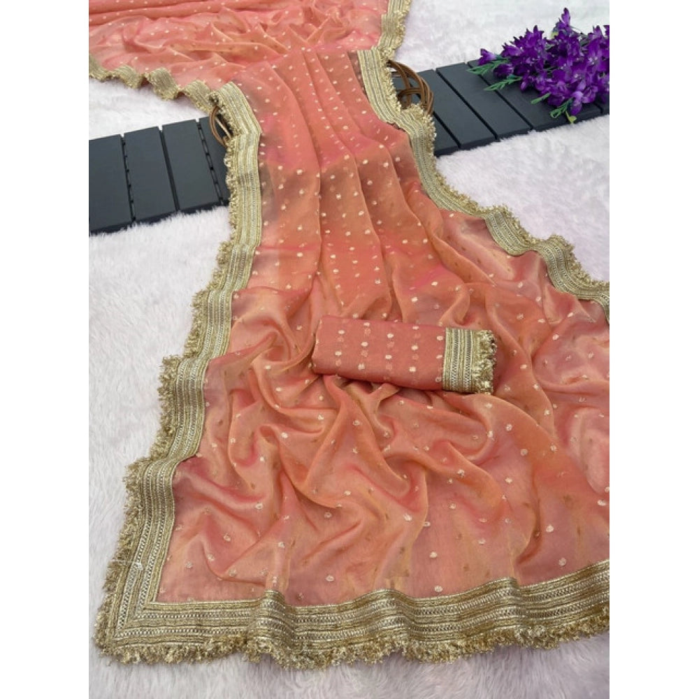 Women's Silk Embellished Saree With Unstitched Blouse 5.5Mtr (Peach)
