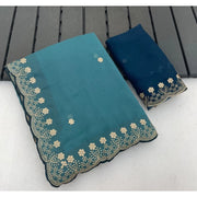 Women's Star Georgette Embroidered Saree With Unstitched Blouse 5.5Mtr (Blue)